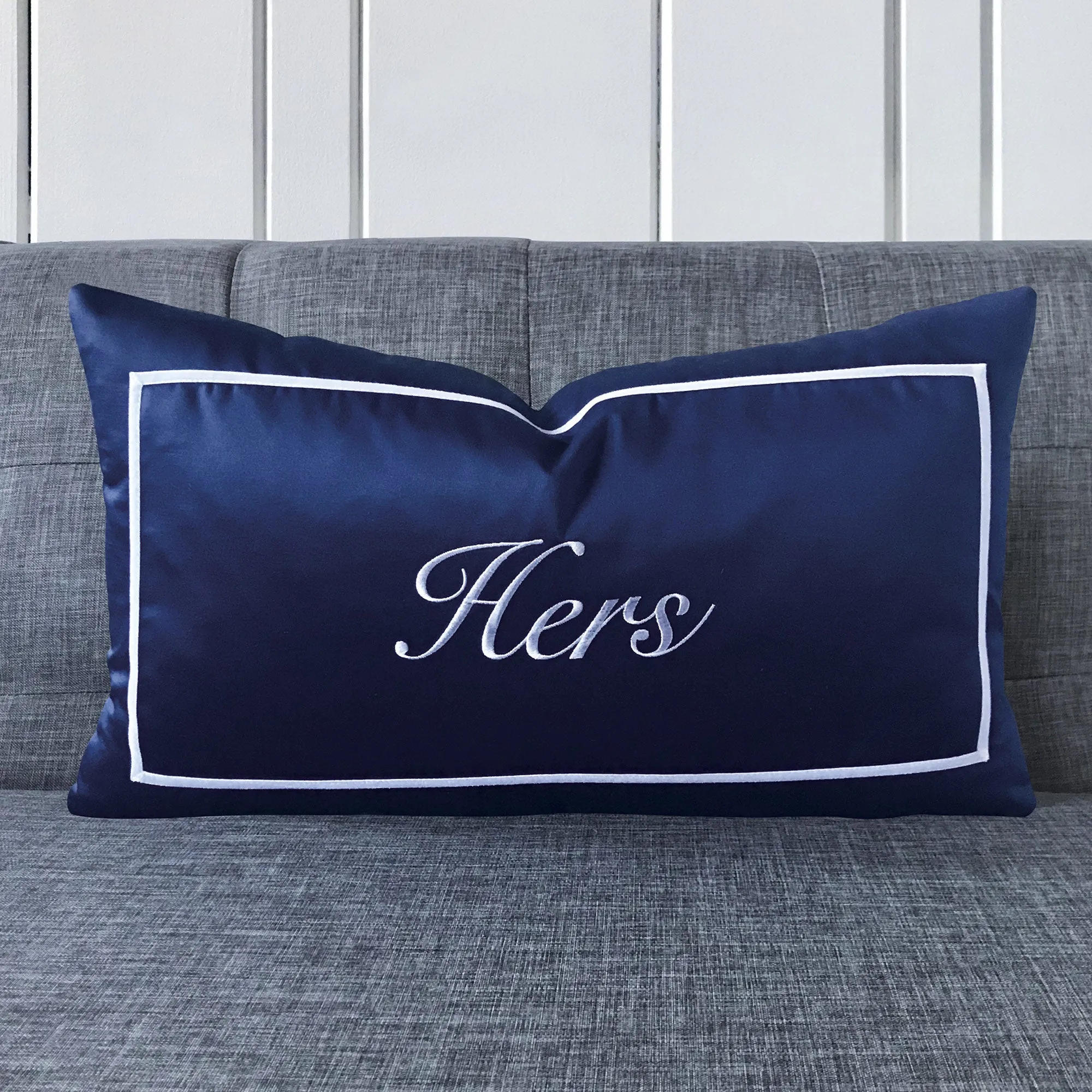 Blue Satin "Hers" Boudoir Pillow Cover 13x22