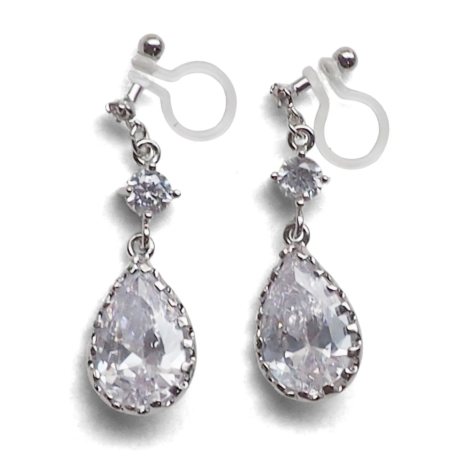 Bridal teardrop cubic zirconia crystal invisible clip on earrings ( silver tone )