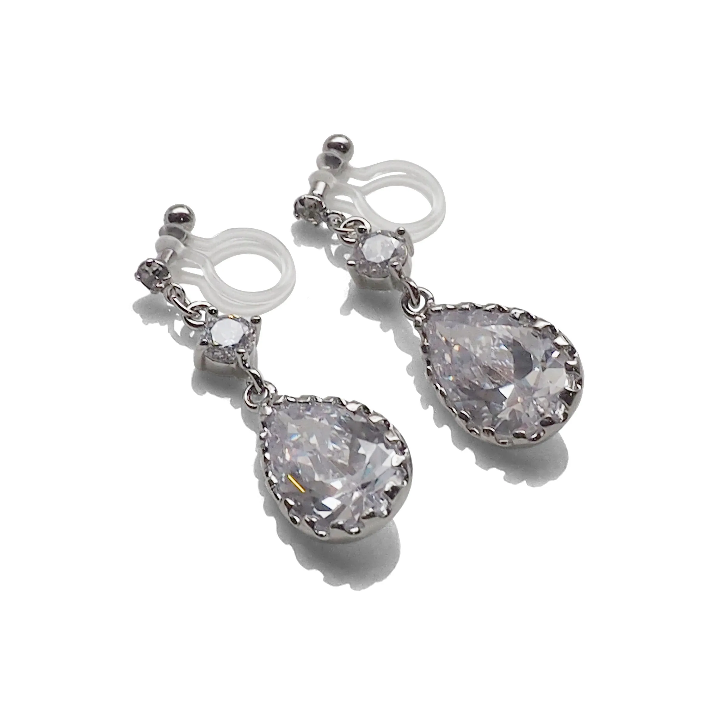 Bridal teardrop cubic zirconia crystal invisible clip on earrings ( silver tone )