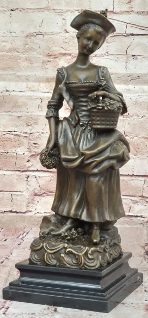 Bronze Victorian Female with Flower Basket Sculpture by Miguel Lopez Home Decor Art