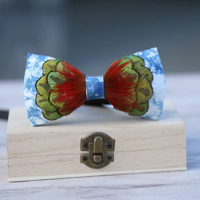 Cerulean Blue Tie-Dye Colorful Feather Bow Tie