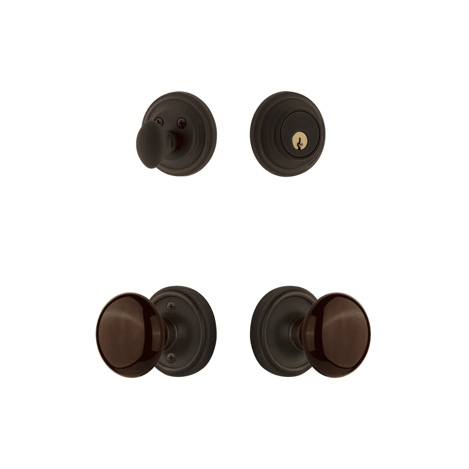 Classic Rosette Entry Set with Brown Porcelain Knob in Oil-Rubbed Bronze