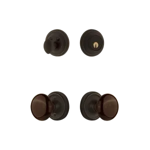 Classic Rosette Entry Set with Brown Porcelain Knob in Oil-Rubbed Bronze