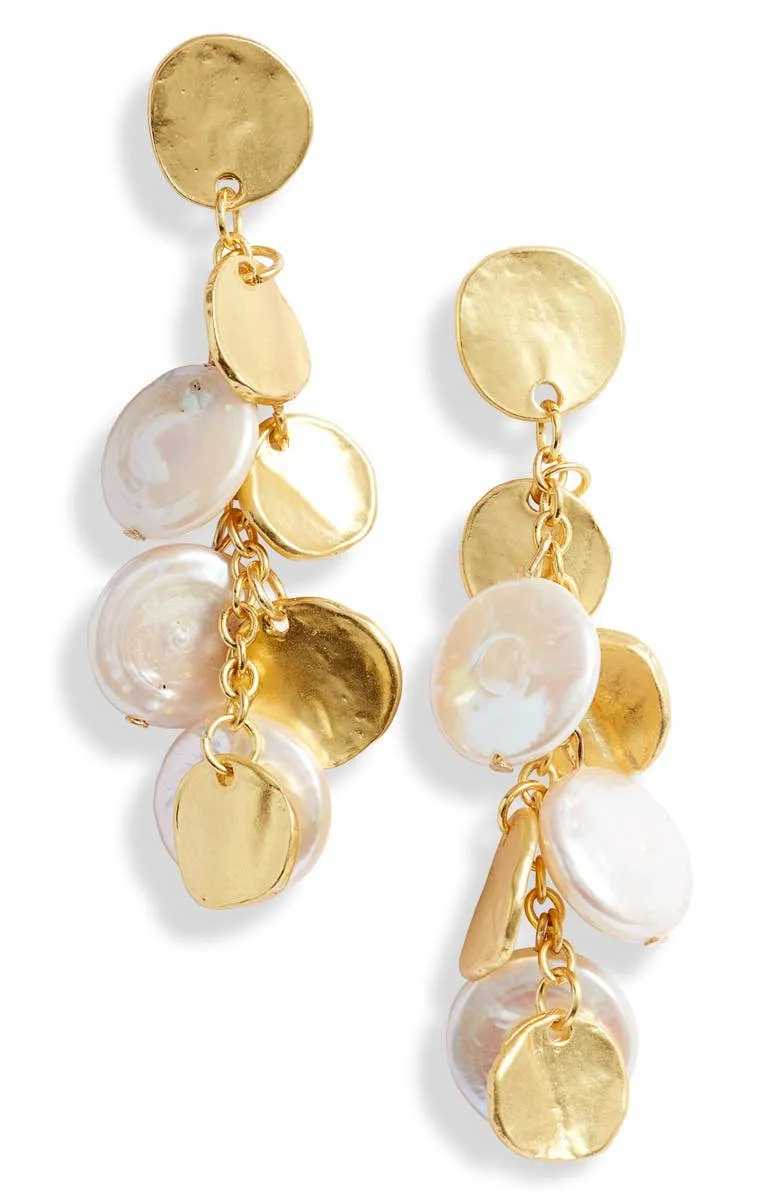 Coin and flat pearl chandelier drop earring