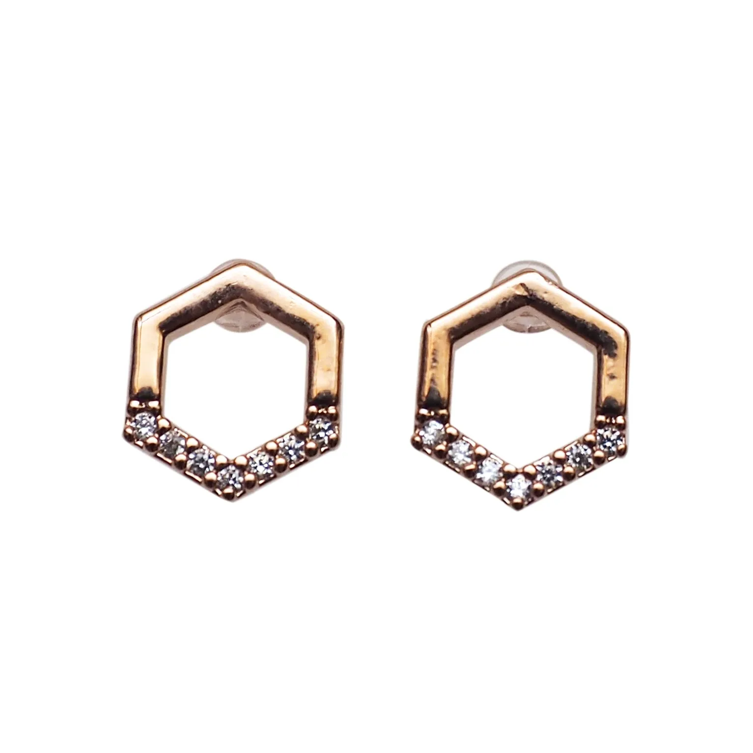 Cubic Zirconia Crystal Pave Hexagon Invisible Clip On Stud Earrings ( Rose gold tone )