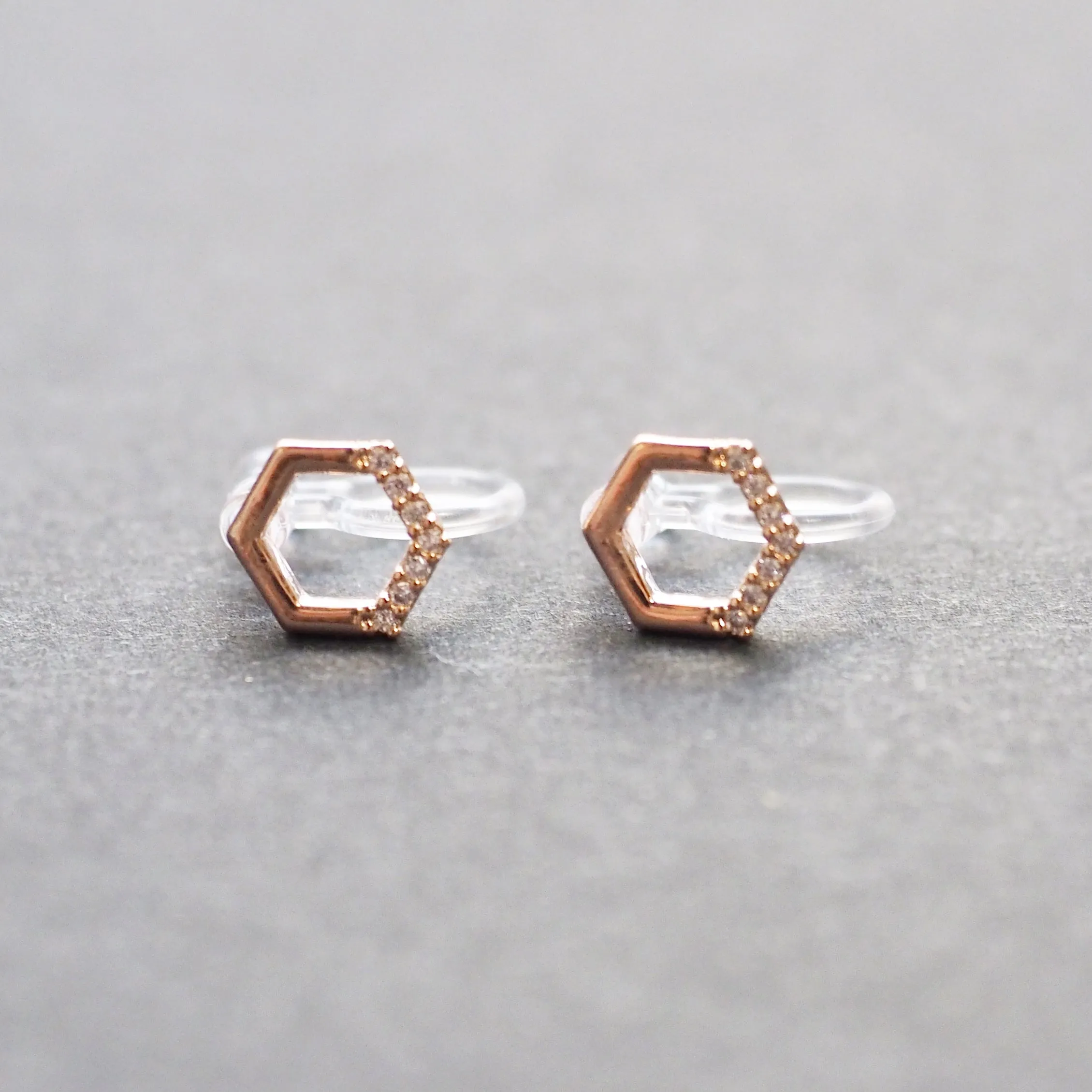 Cubic Zirconia Crystal Pave Hexagon Invisible Clip On Stud Earrings ( Rose gold tone )