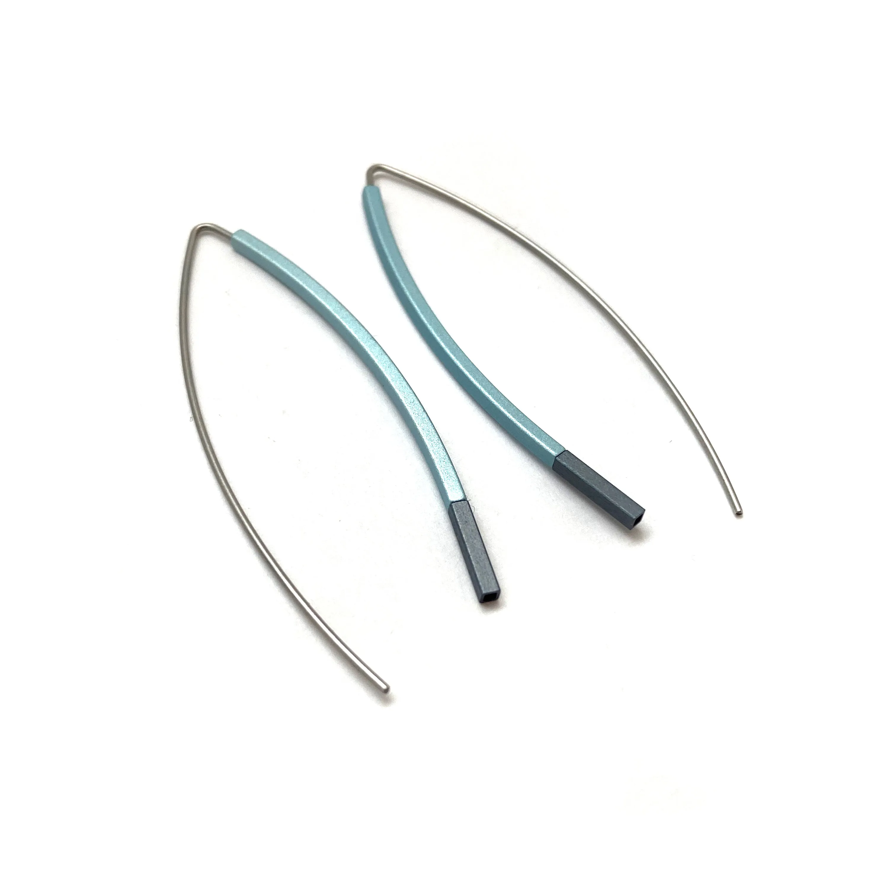 Curved Matchstick Bow Earrings - Pale Blue and Gunmetal Gray