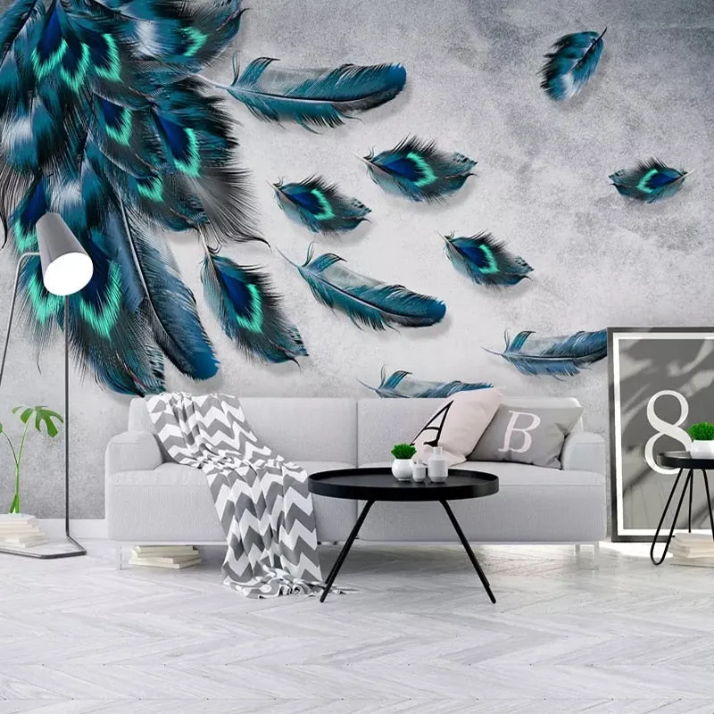 Custom Mural Wallpaper Fashion Colorful Hand Painted Feathers (㎡)