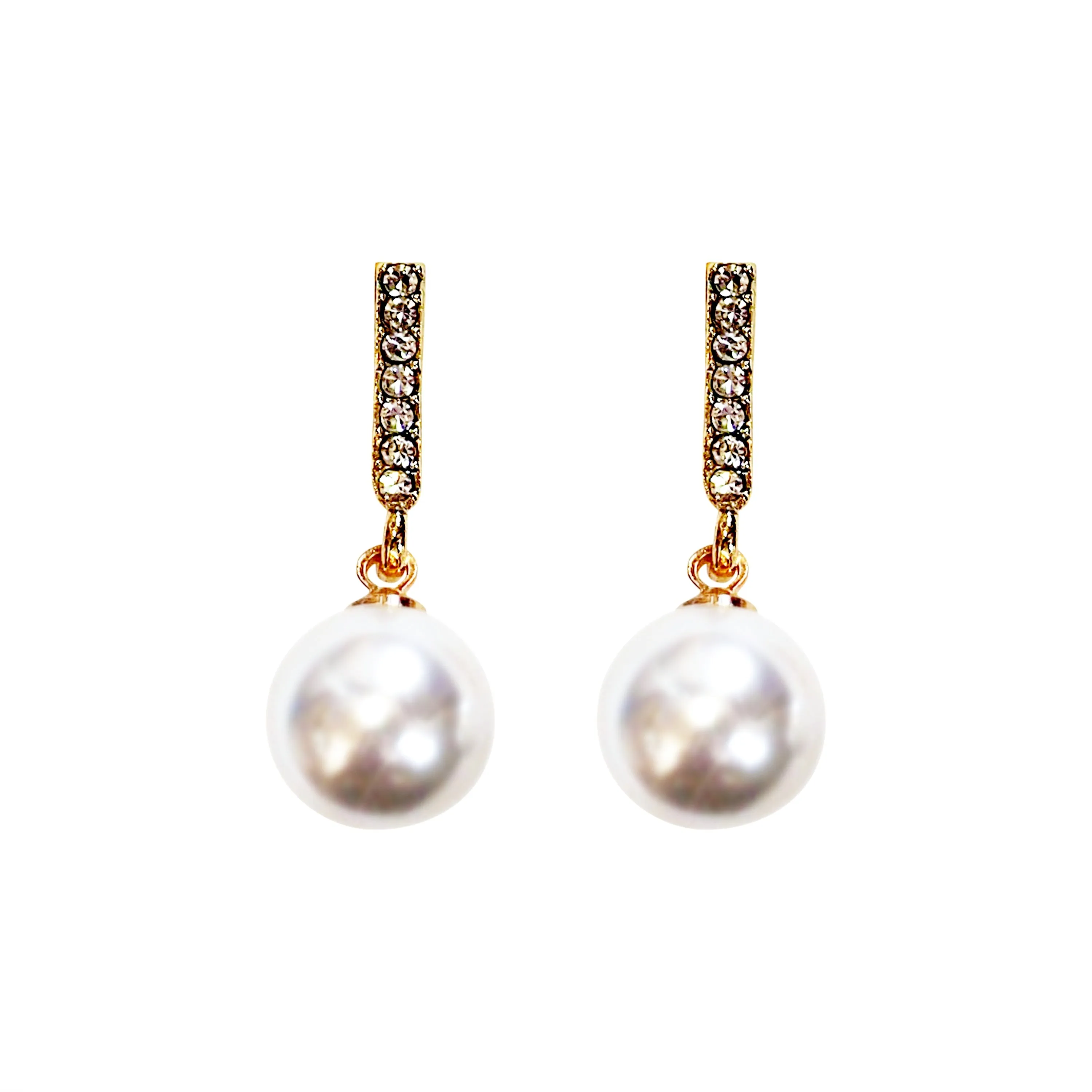 Dangle Crystal Rhinestone Bar and White Pearl Spiral Clip On Earrings