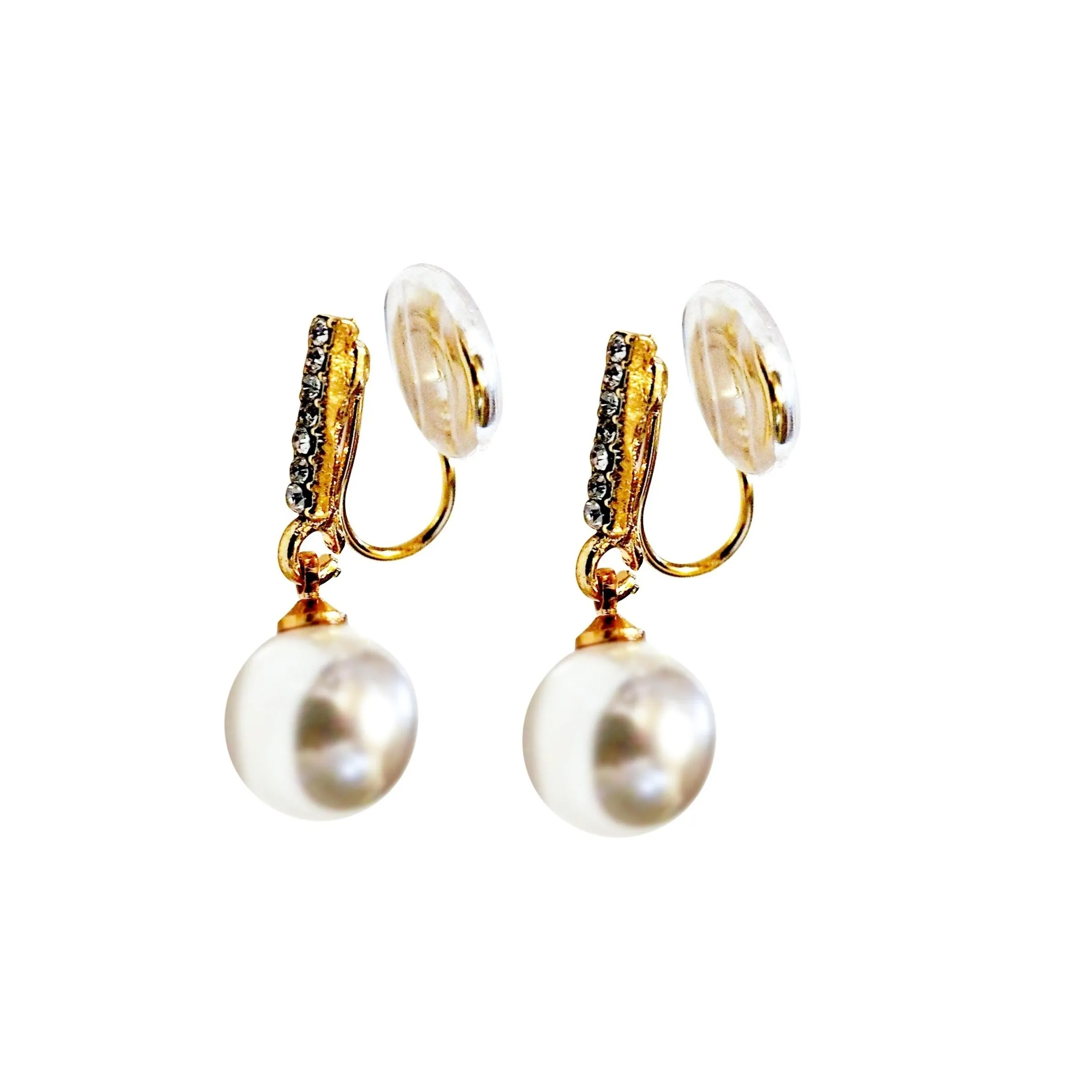 Dangle Crystal Rhinestone Bar and White Pearl Spiral Clip On Earrings