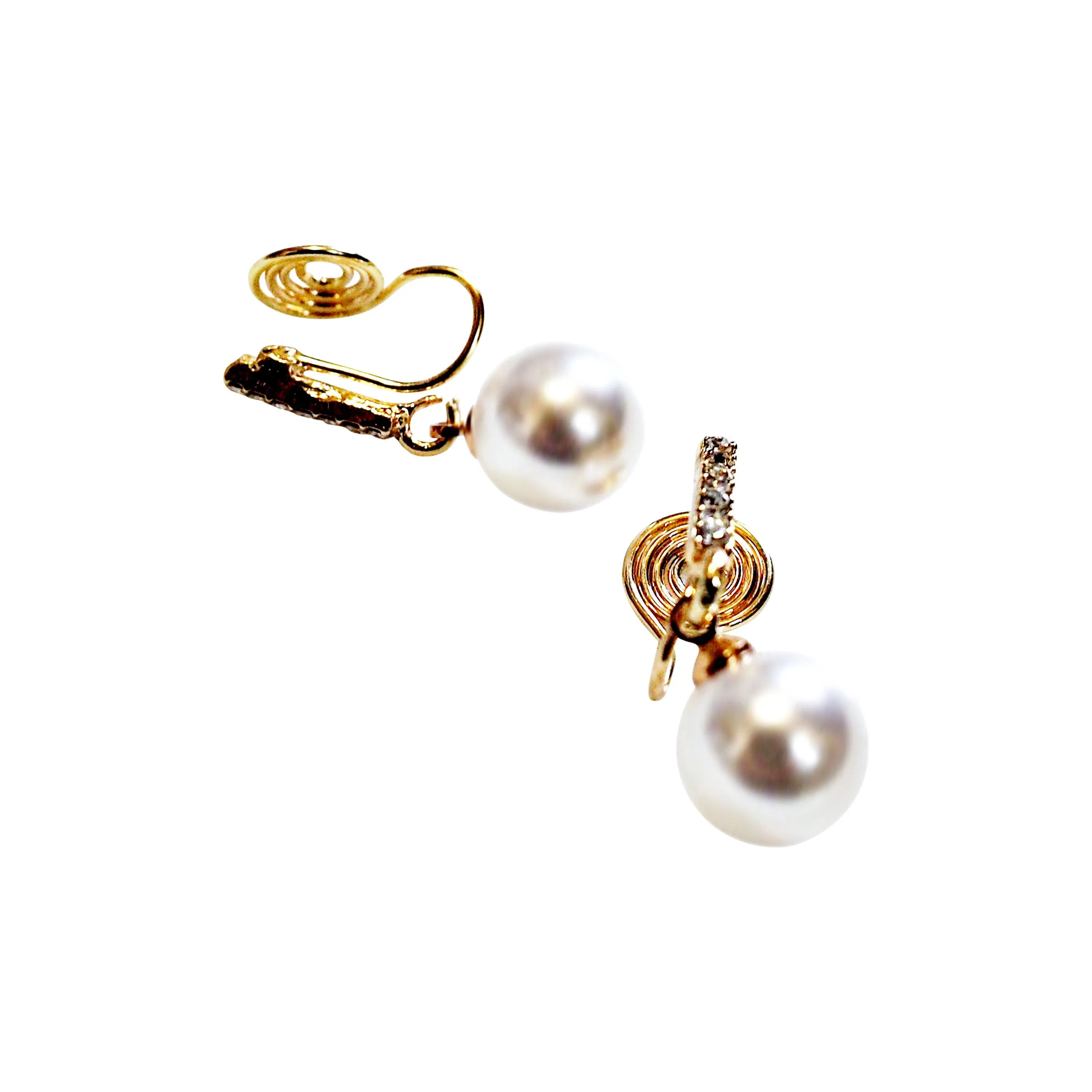 Dangle Crystal Rhinestone Bar and White Pearl Spiral Clip On Earrings