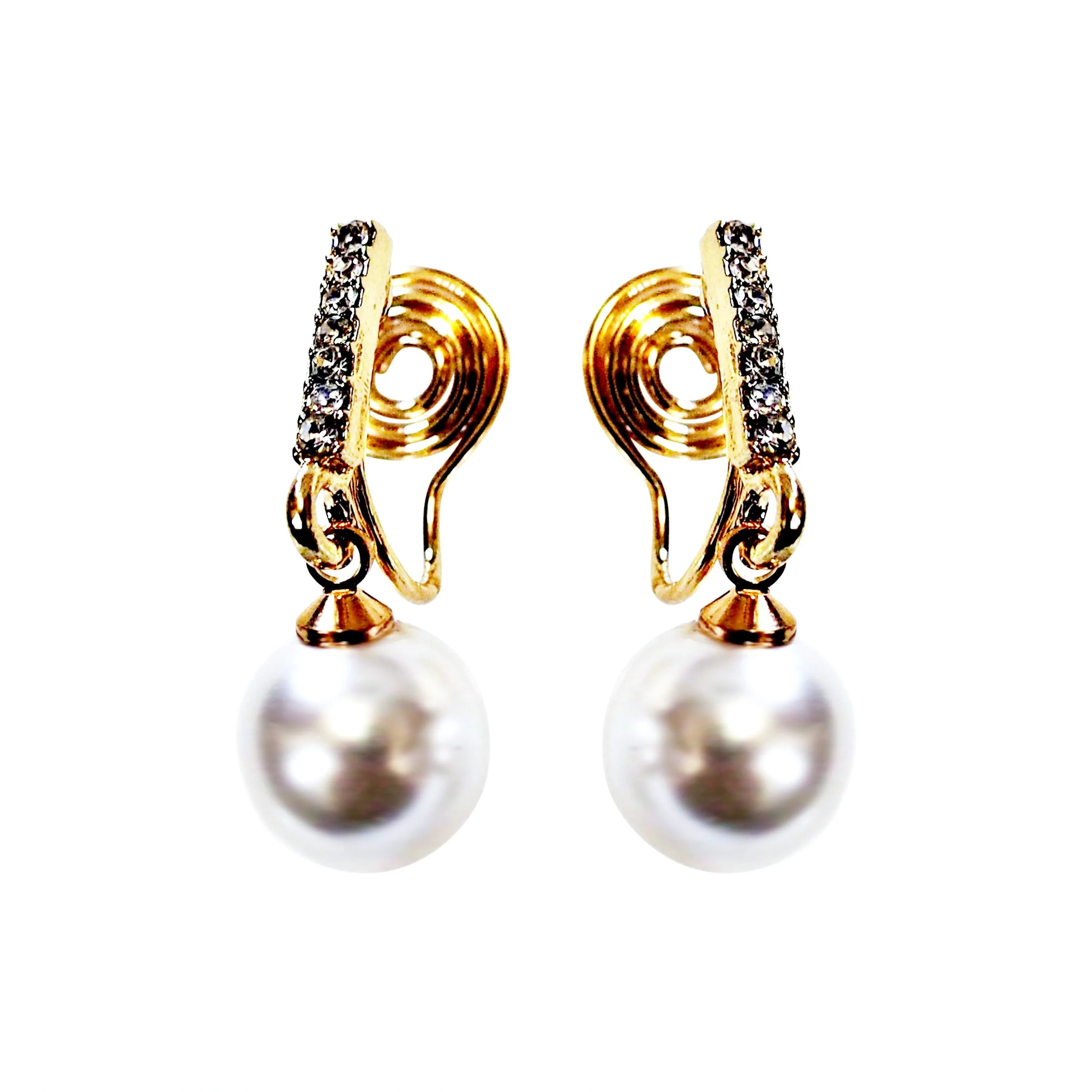 Dangle Crystal Rhinestone Bar and White Pearl Spiral Clip On Earrings