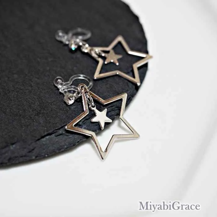 Dangle  Double Star Invisible Clip On Earrings