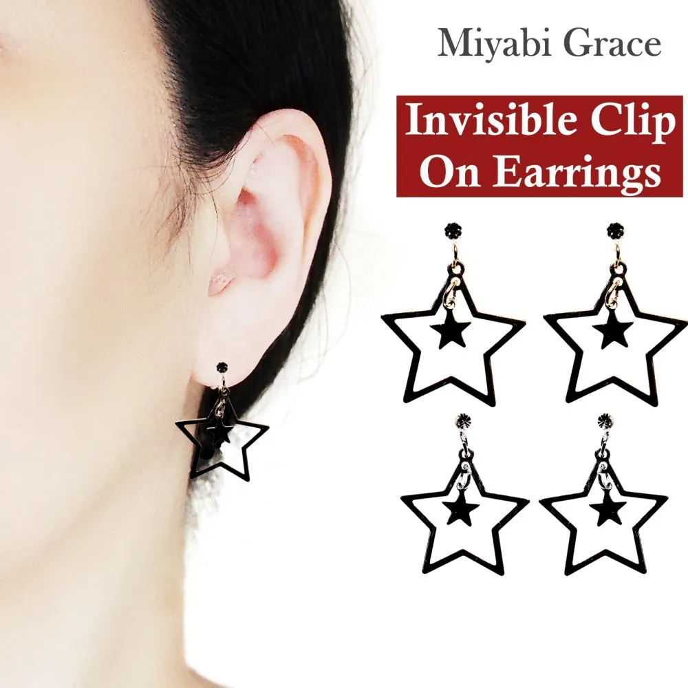 Dangle  Double Star Invisible Clip On Earrings