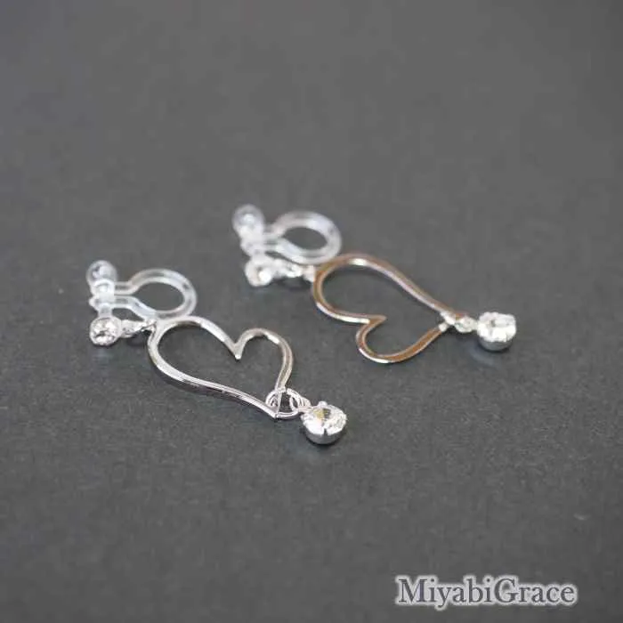 Dangle  Heart With Crystal Rhinestone Invisible Clip On Earrings