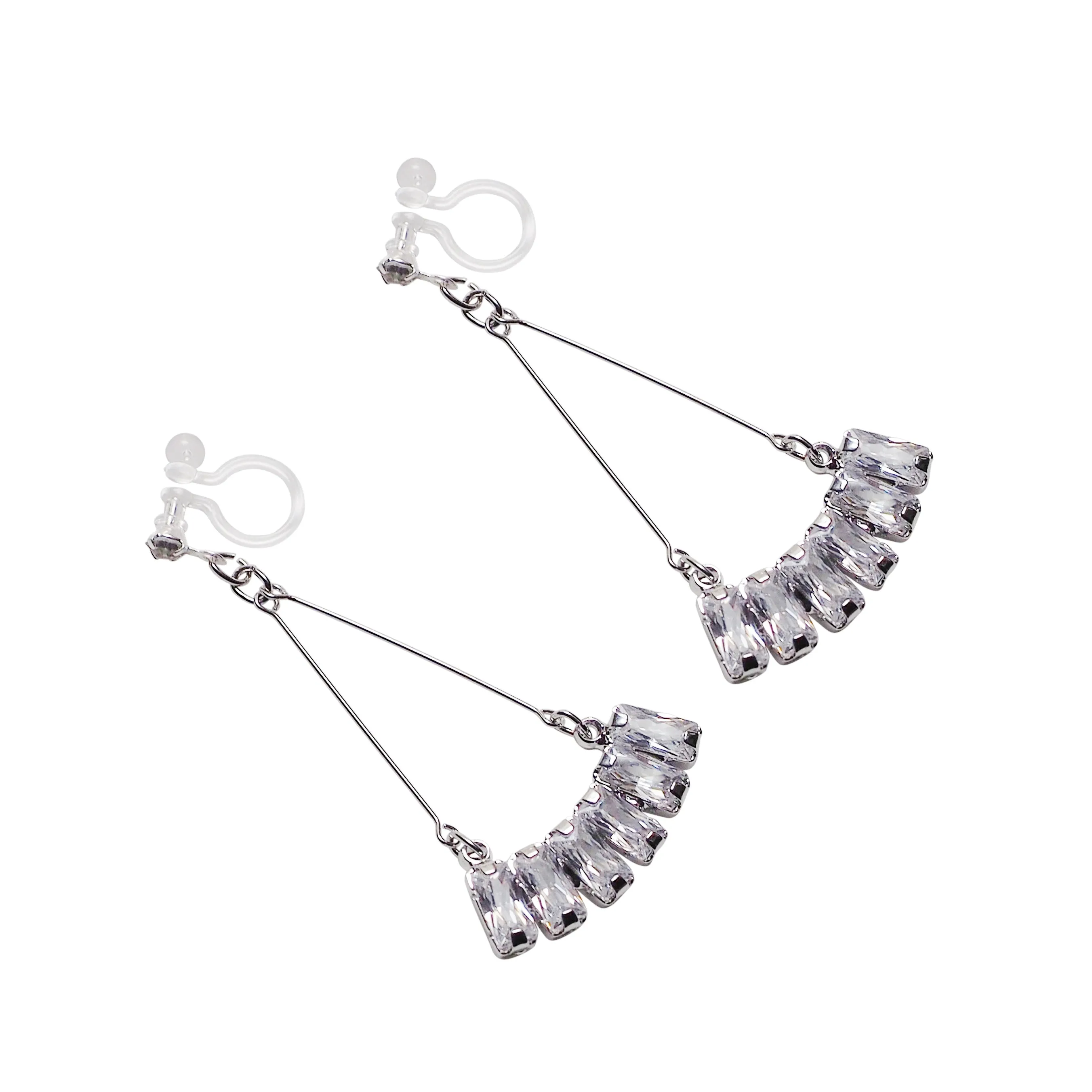 Dangle Silver Fringe Rihnestone Crystal Invisible Clip On Earrings