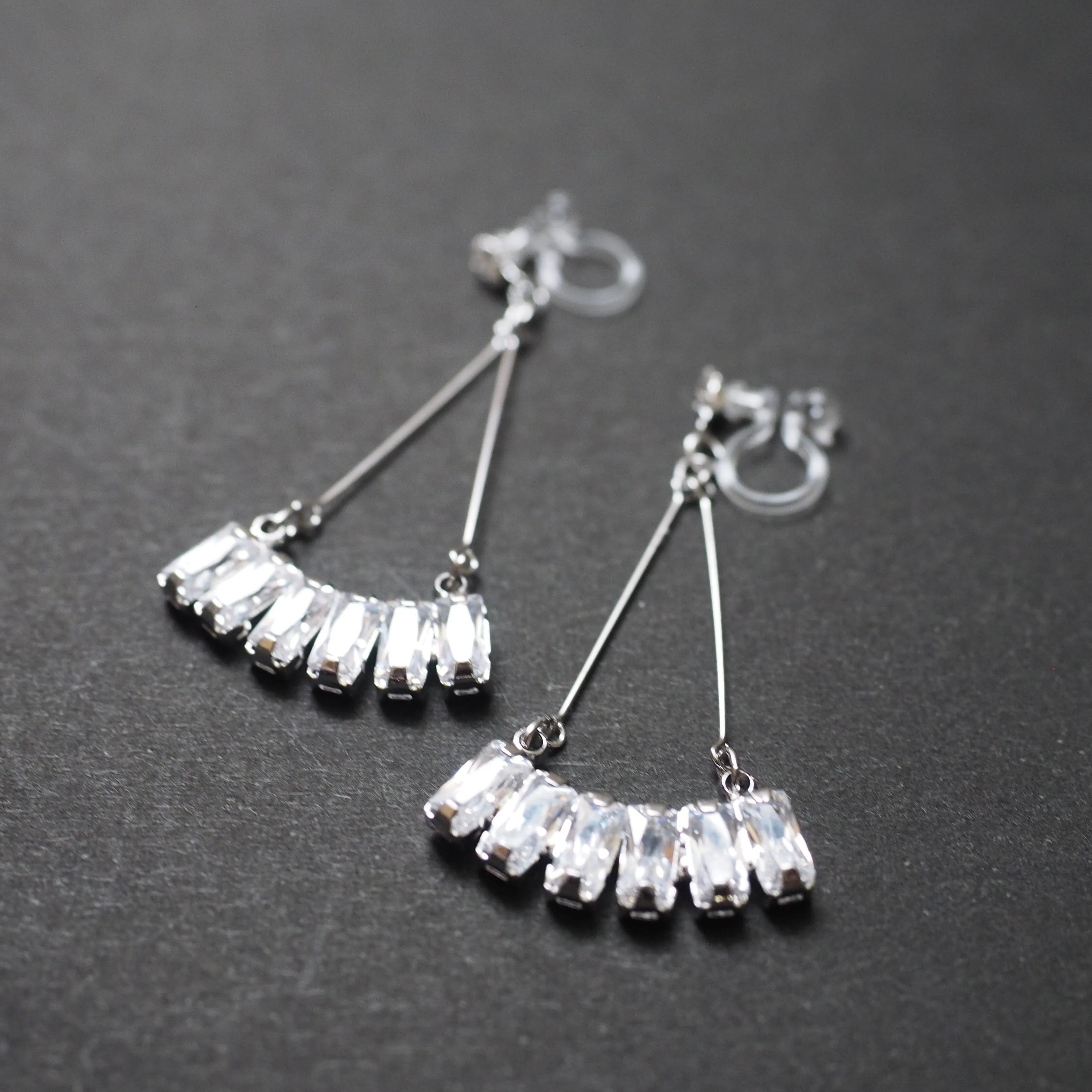 Dangle Silver Fringe Rihnestone Crystal Invisible Clip On Earrings