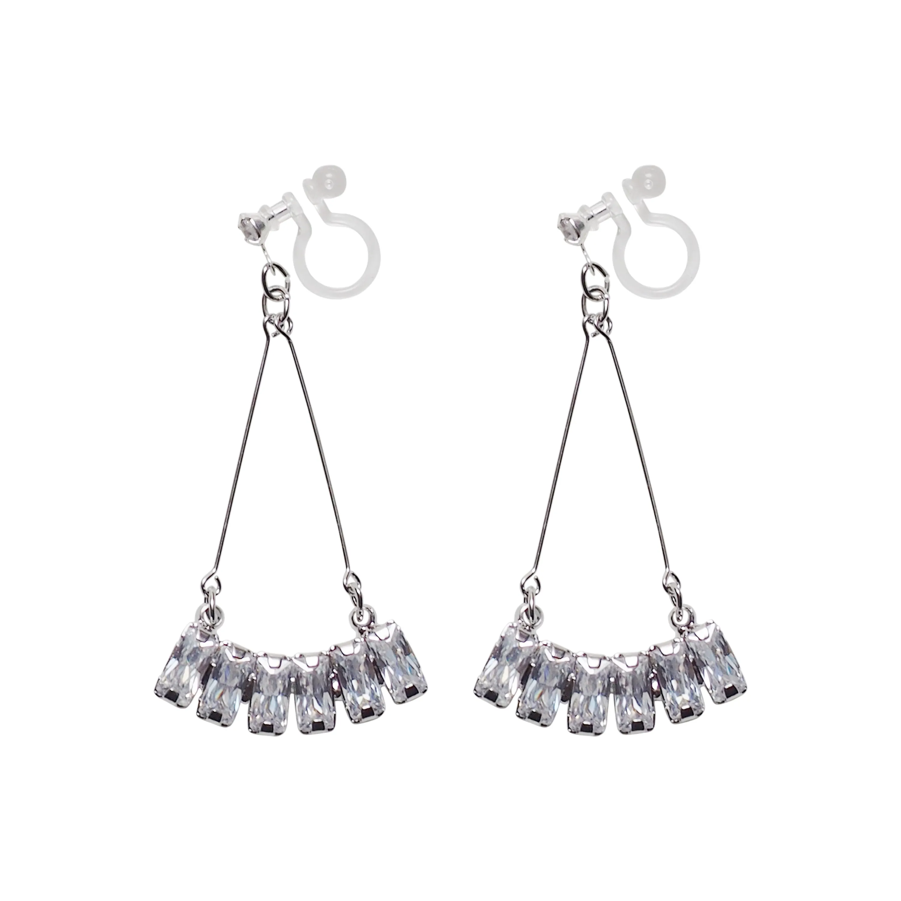 Dangle Silver Fringe Rihnestone Crystal Invisible Clip On Earrings