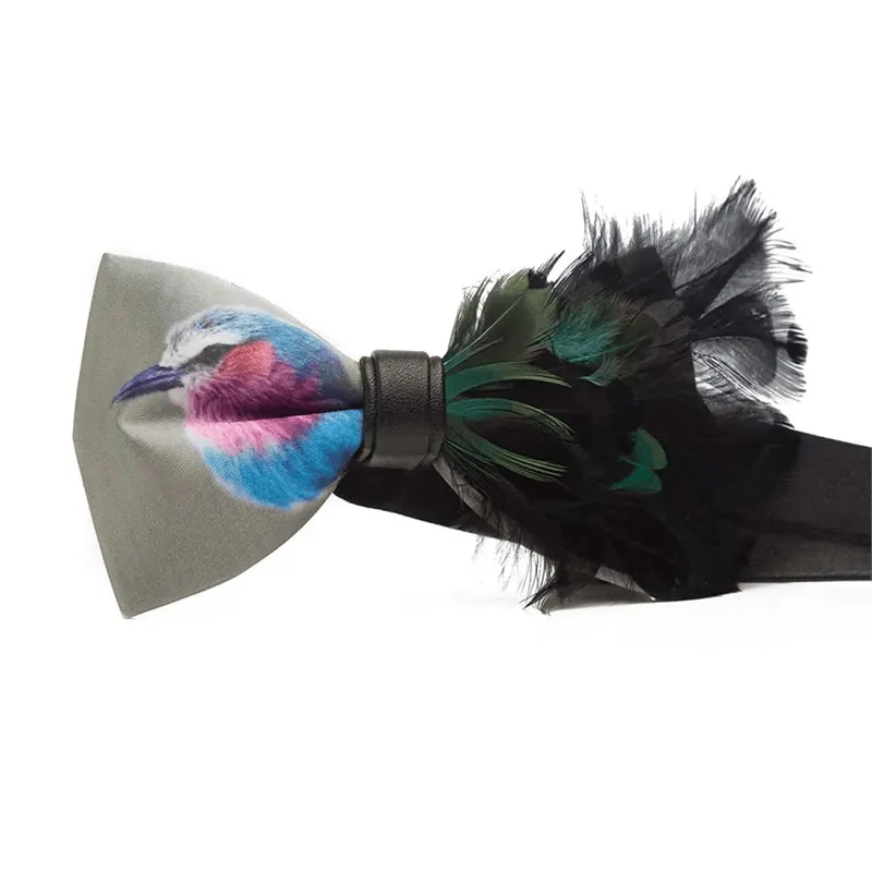 Dark Green Graphic Bird Tail Feather Bow Tie