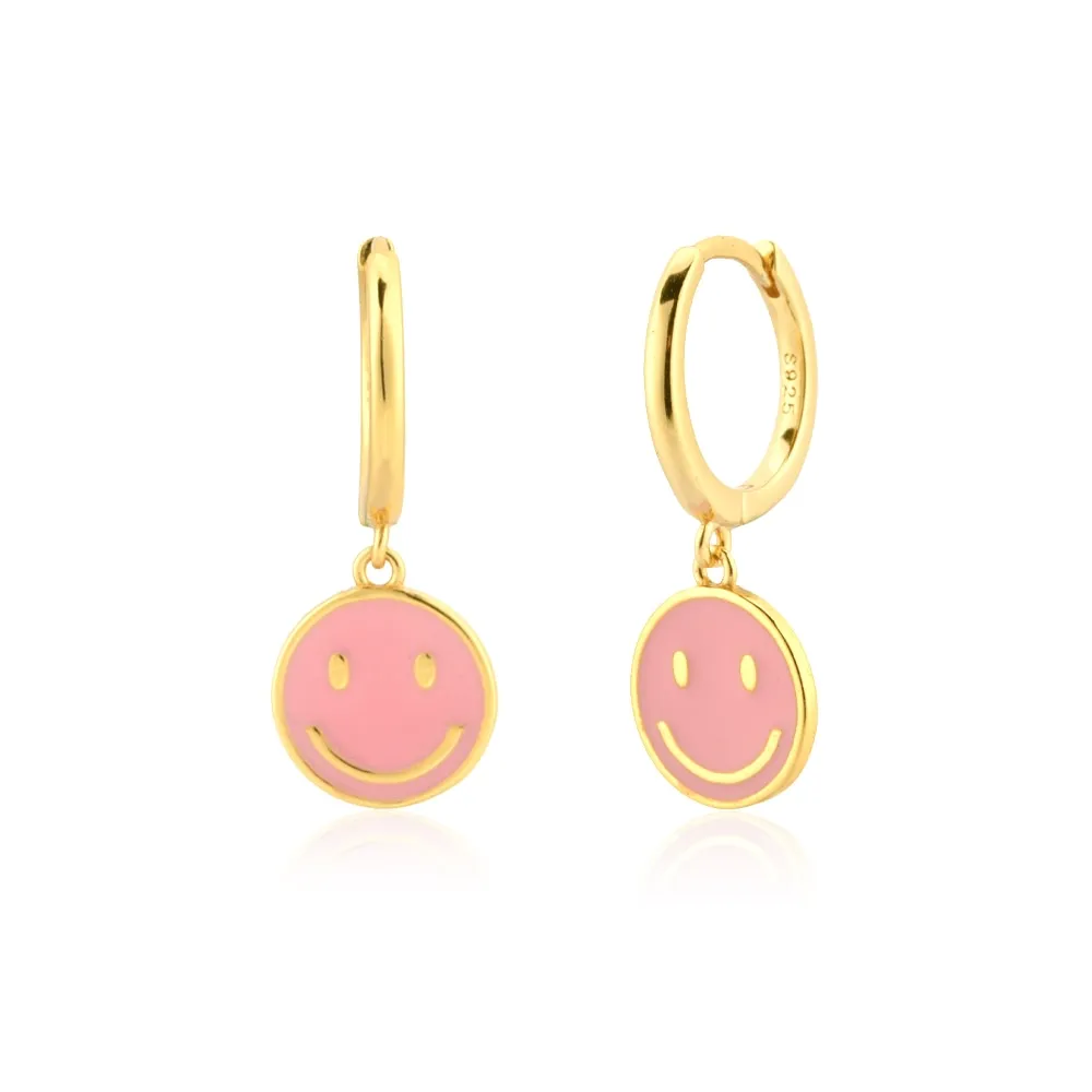 DEANWANGKT Sterling Silver Gold White Pink Enamel Smile Drop Earring Black Clips Pendiente Spring Summer Jewelry For Women Gift