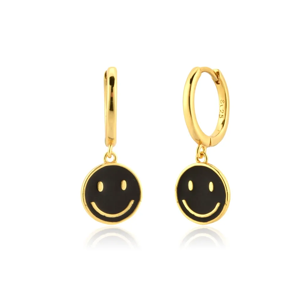 DEANWANGKT Sterling Silver Gold White Pink Enamel Smile Drop Earring Black Clips Pendiente Spring Summer Jewelry For Women Gift