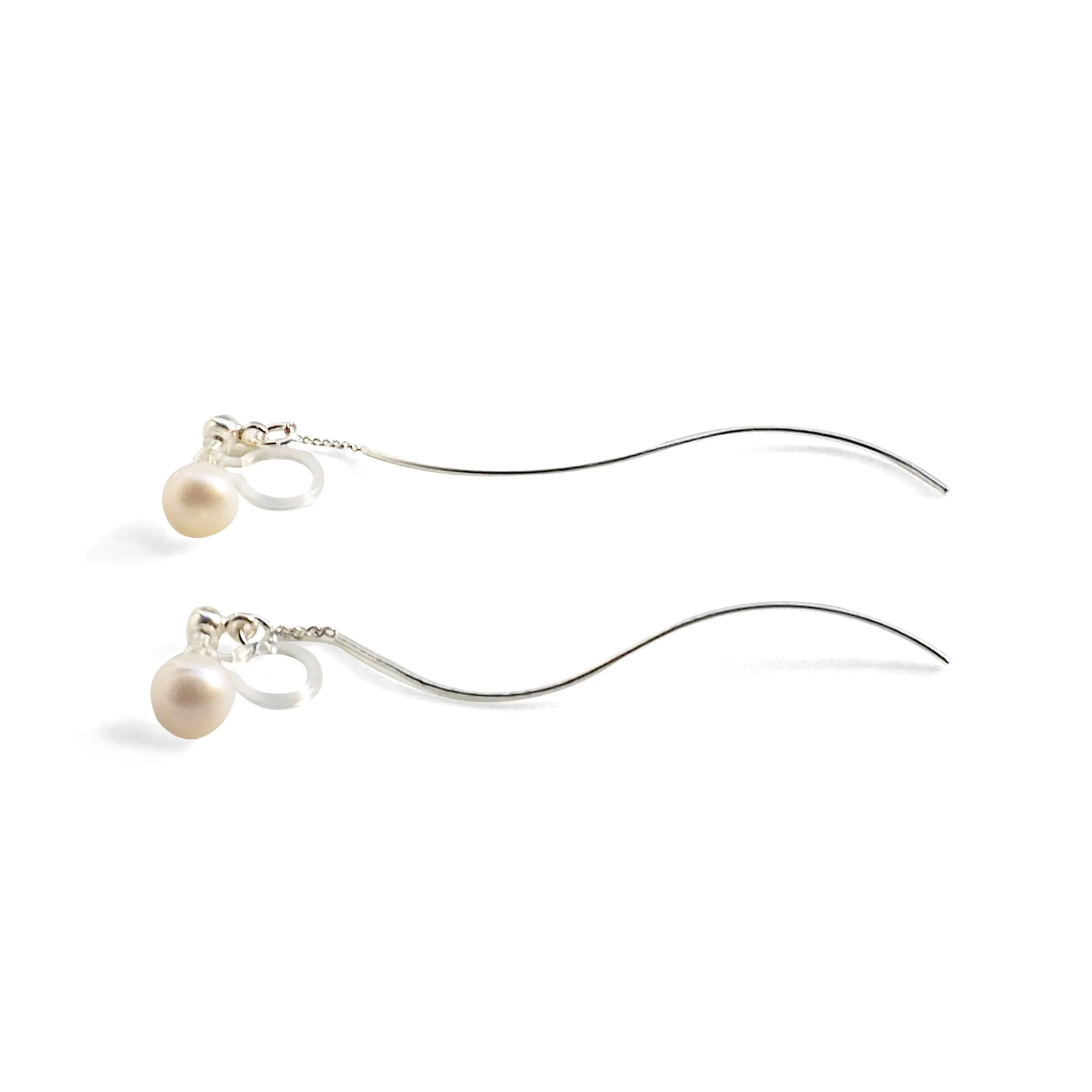 Double Sided White Freshwater Pearl Invisible Clip On Stud Earrings (Silver tone Wave Bar)