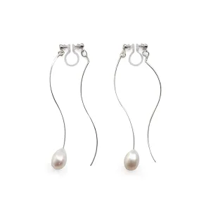 Double Sided White Freshwater Pearl with Wave Bar Invisible Clip On Earrings (Silver tone)