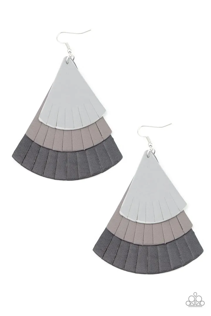 Earrings HUGE FANATIC - BLACK AND GRAY LEATHER FAN LAYERED E2089