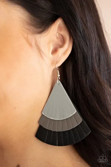 Earrings HUGE FANATIC - BLACK AND GRAY LEATHER FAN LAYERED E2089