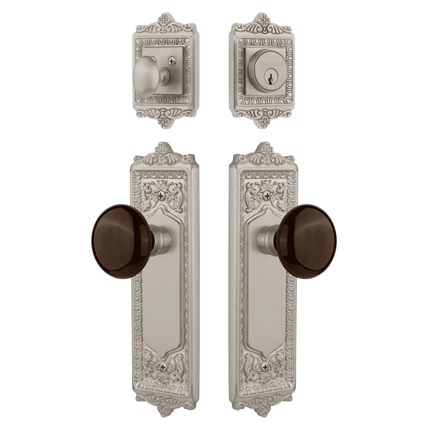 Egg & Dart Entry Set with Brown Porcelain Knob in Satin Nickel