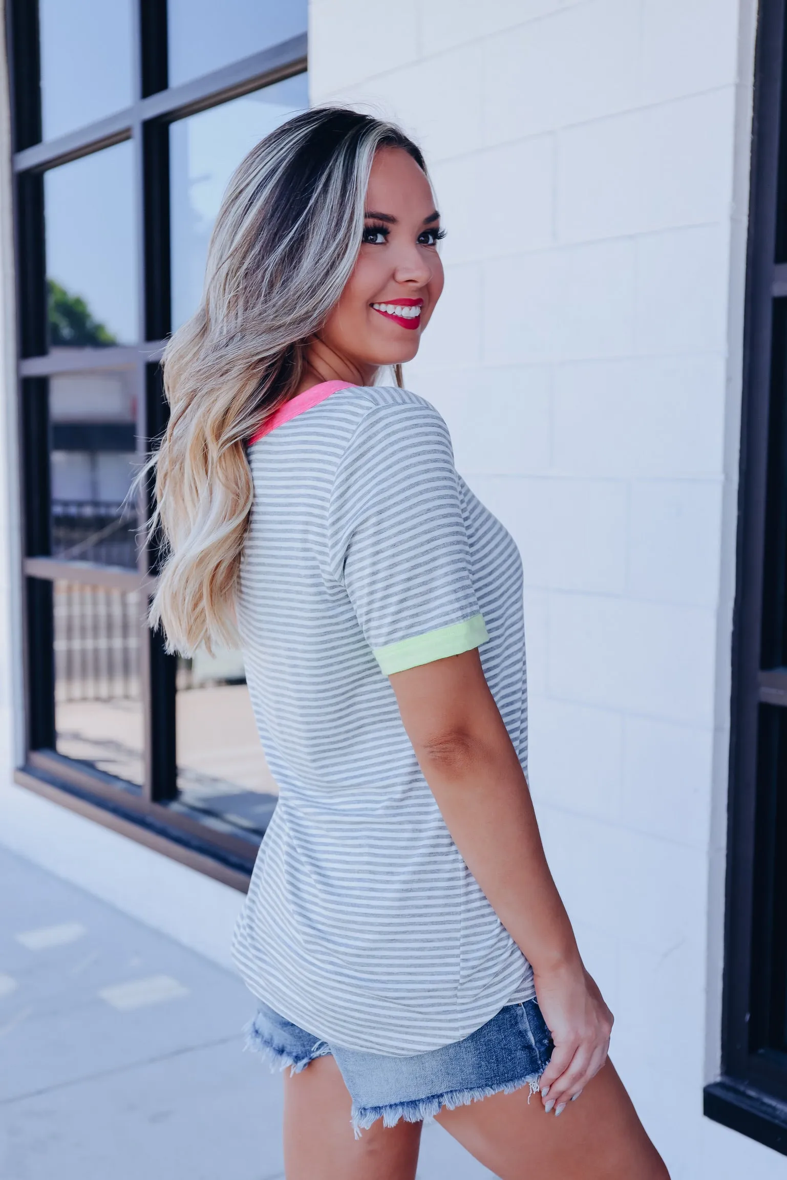 Enduring Appeal Neon Accent Striped Top - Grey