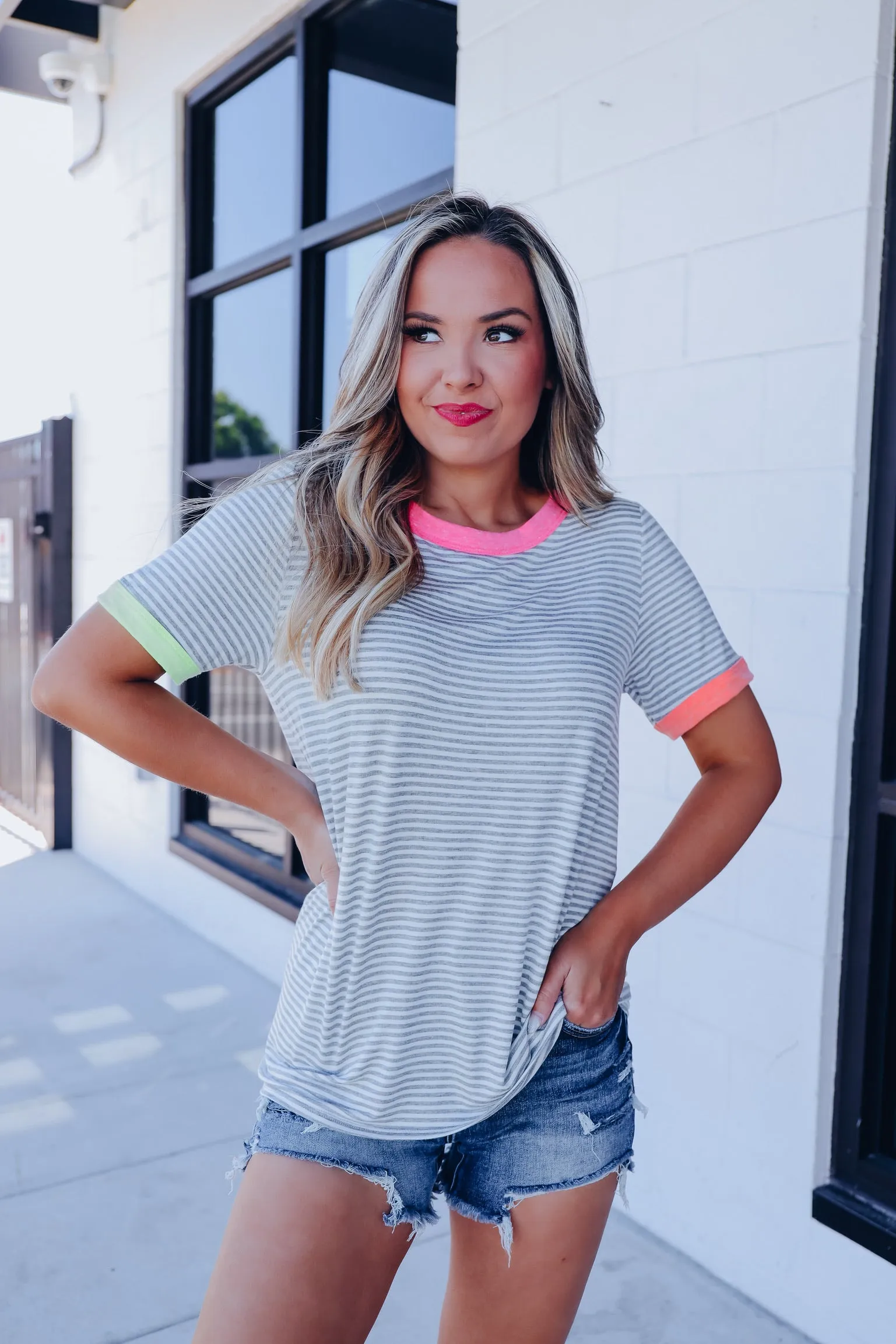 Enduring Appeal Neon Accent Striped Top - Grey