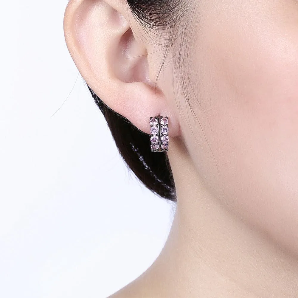 Fashion Double Row Black Gun Color Hoop Earrings with Pink Cubic Zirconia for Women