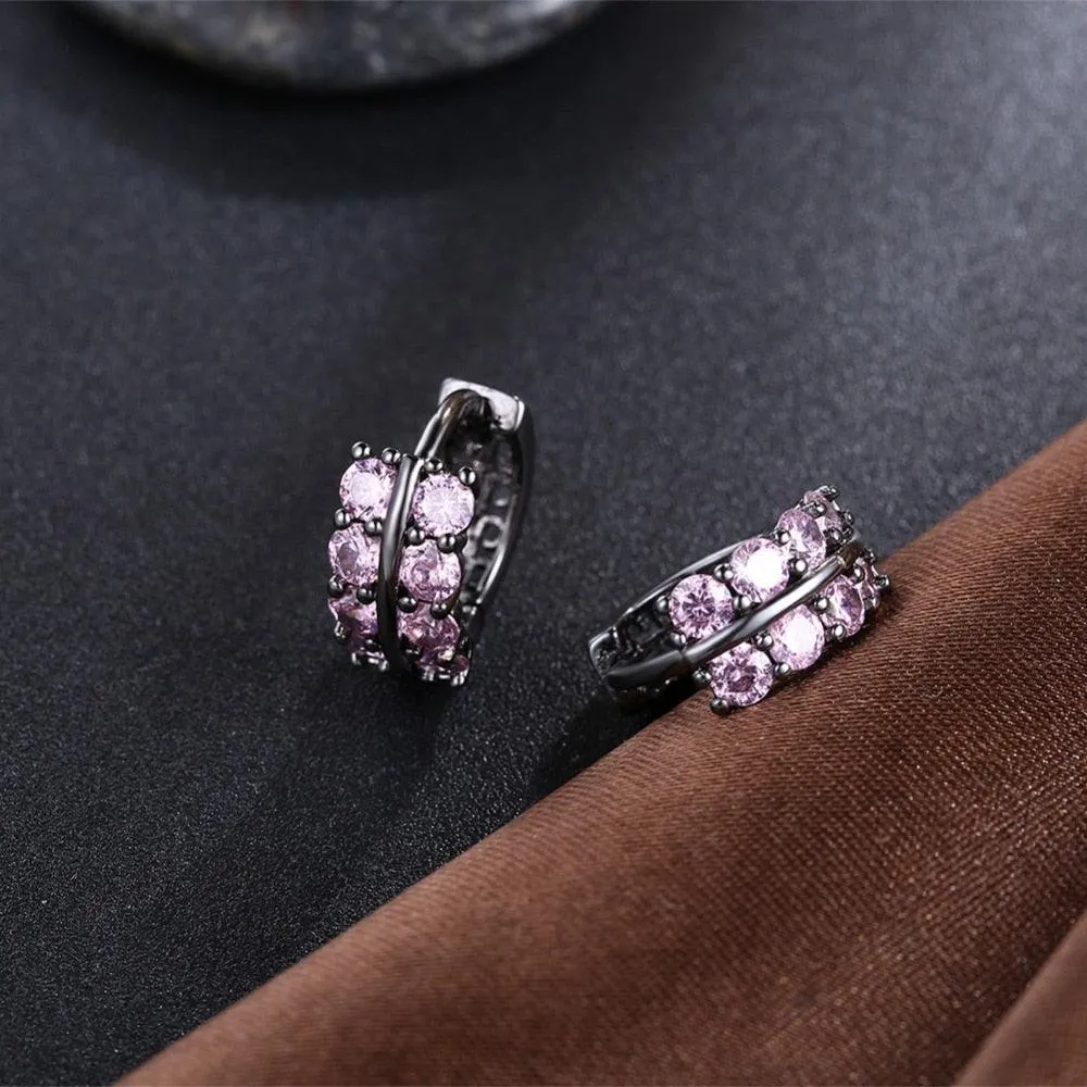 Fashion Double Row Black Gun Color Hoop Earrings with Pink Cubic Zirconia for Women