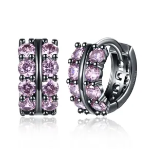 Fashion Double Row Black Gun Color Hoop Earrings with Pink Cubic Zirconia for Women