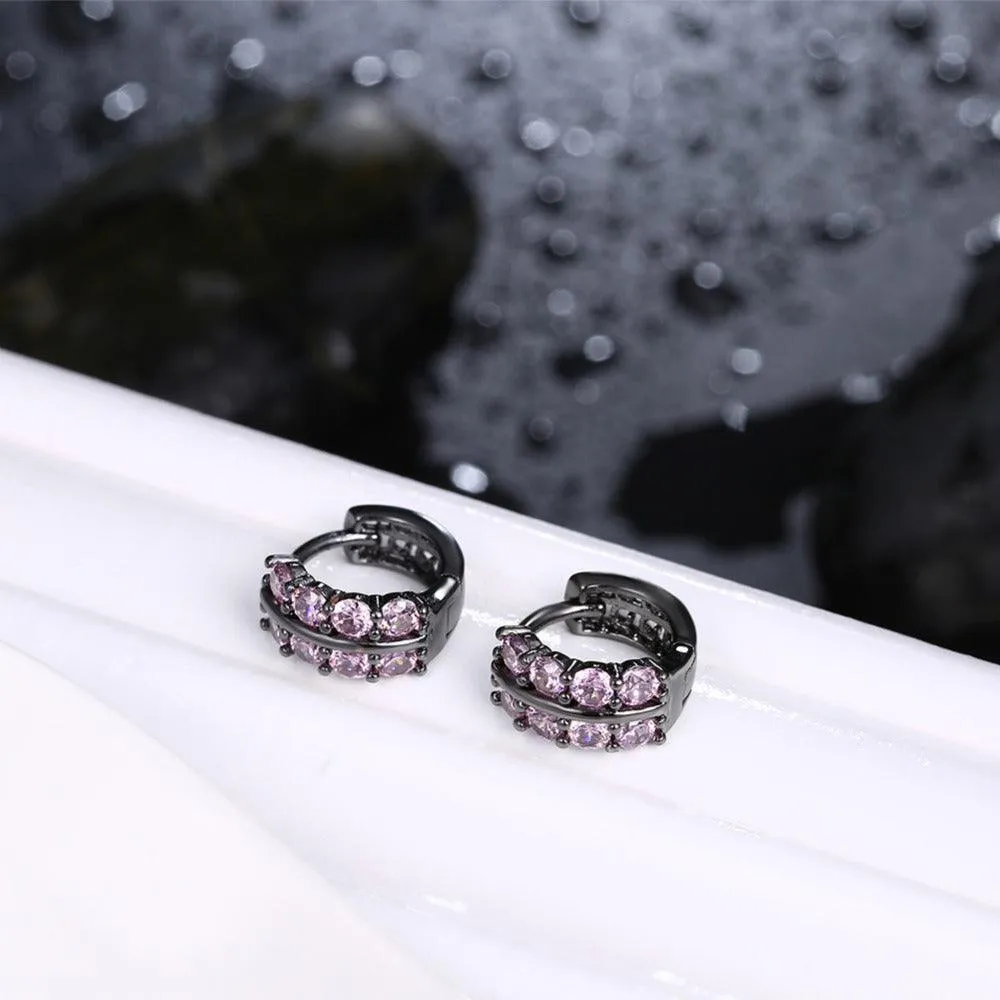 Fashion Double Row Black Gun Color Hoop Earrings with Pink Cubic Zirconia for Women