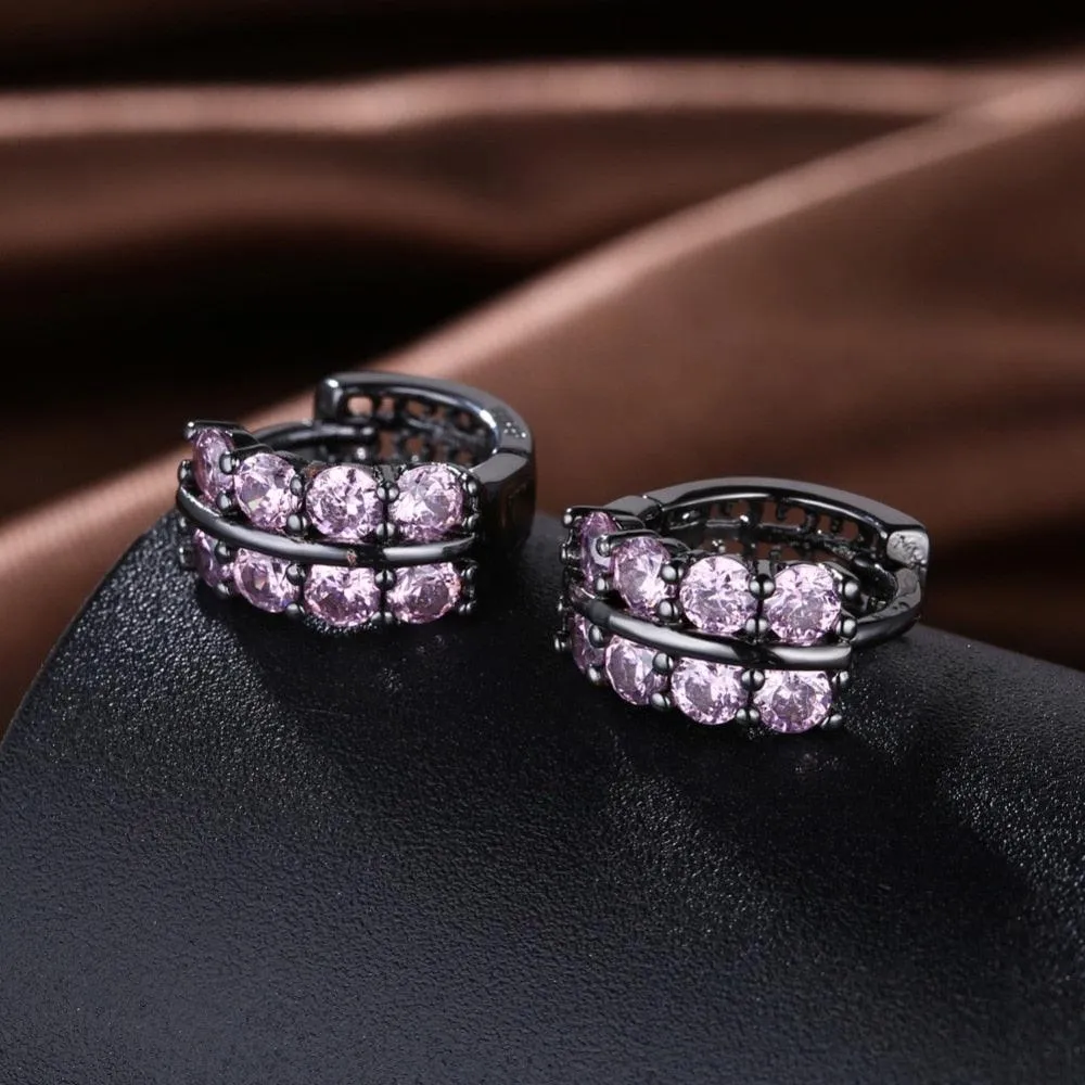 Fashion Double Row Black Gun Color Hoop Earrings with Pink Cubic Zirconia for Women