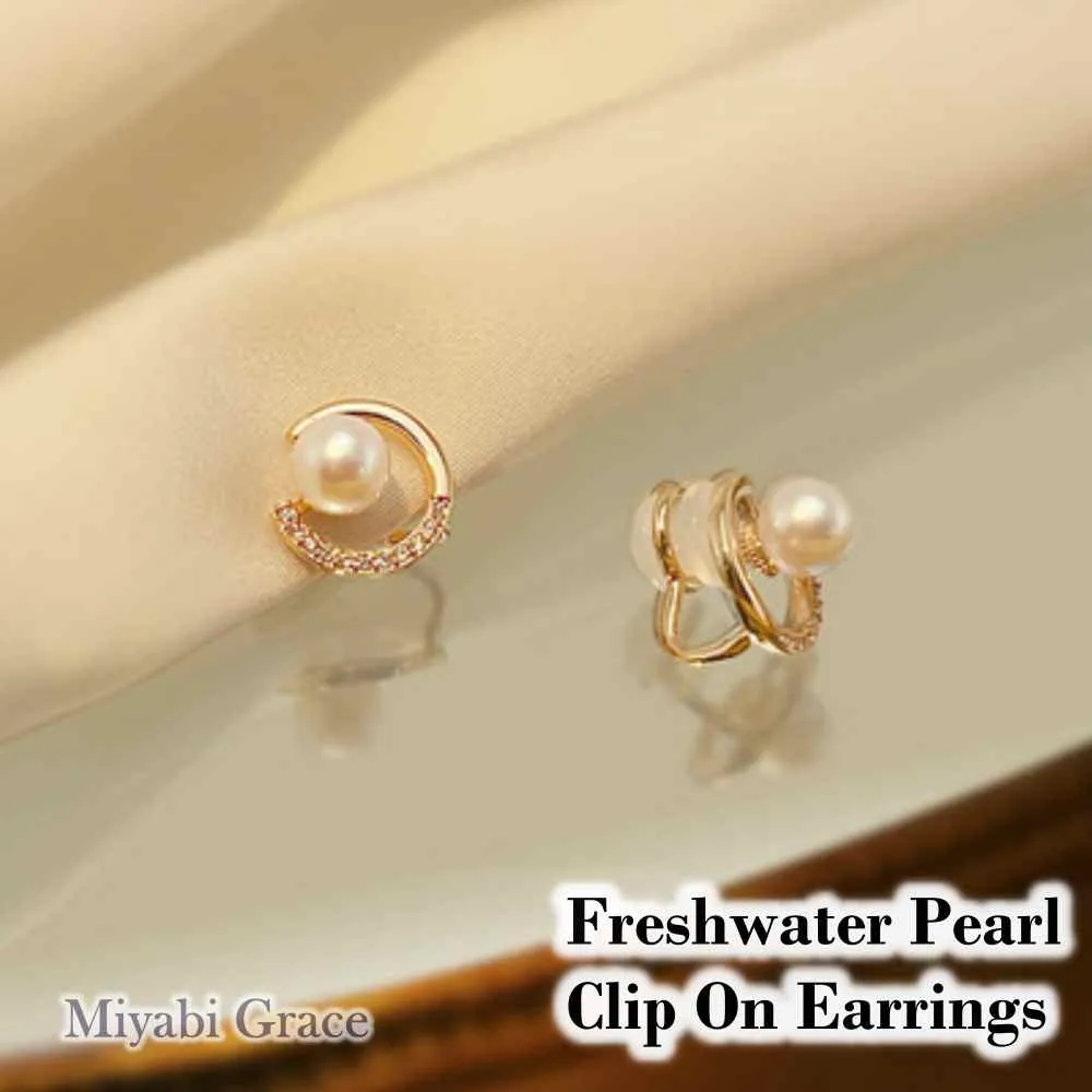 Freshwater Pearl & Gold Open Circle Cubic Zirconia Coil Clip On Earrings