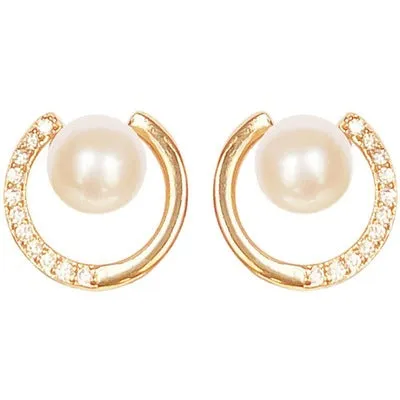 Freshwater Pearl & Gold Open Circle Cubic Zirconia Coil Clip On Earrings