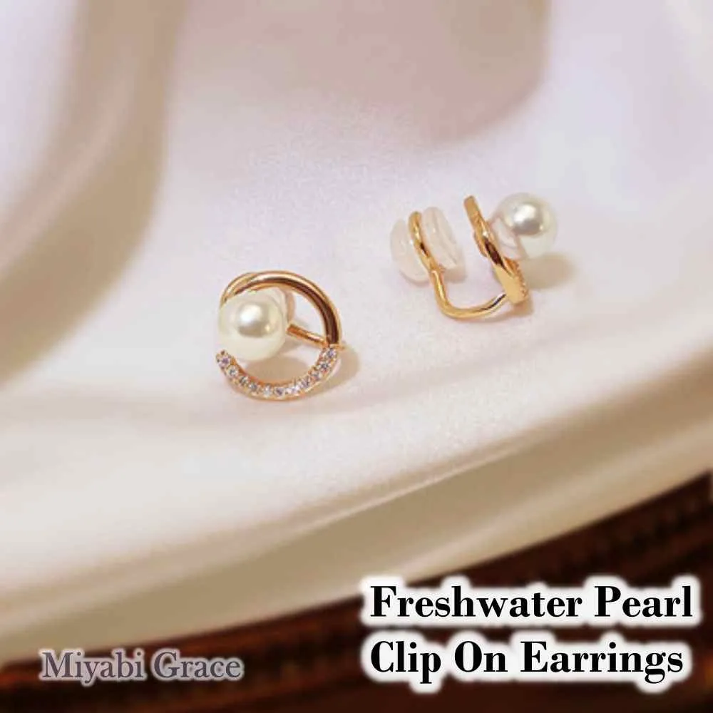 Freshwater Pearl & Gold Open Circle Cubic Zirconia Coil Clip On Earrings