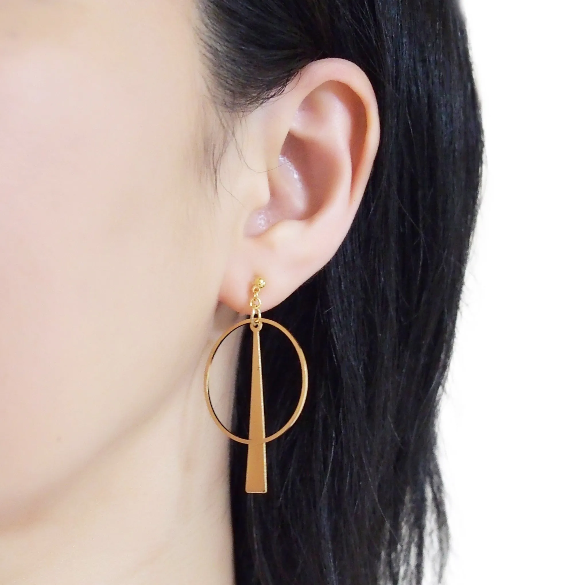 Geometric gold hoop invisible clip on earrings