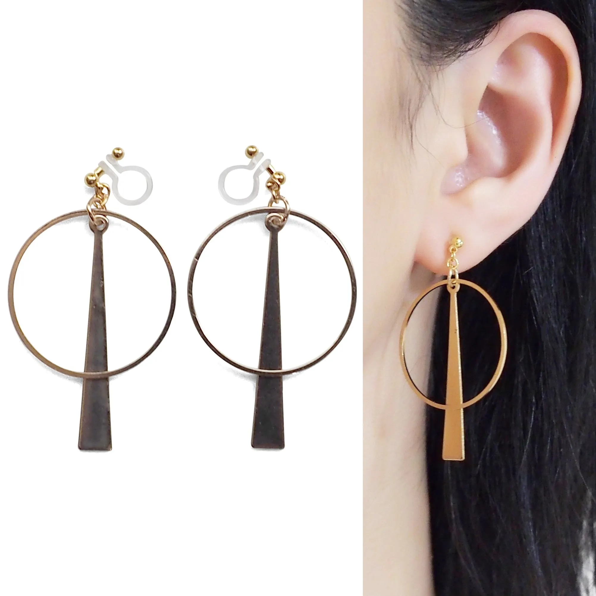 Geometric gold hoop invisible clip on earrings