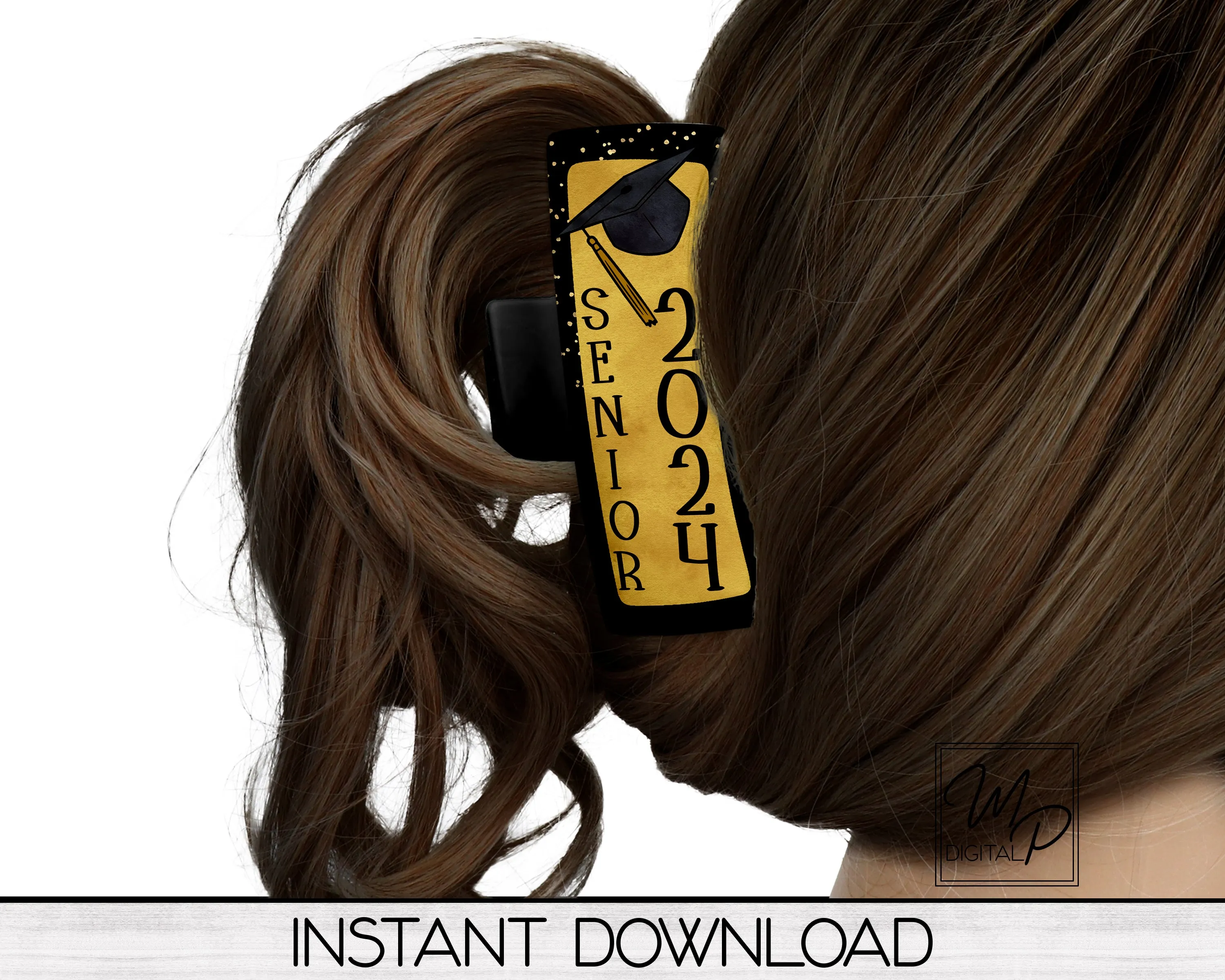 Gold and Black Senior 2024 Hair Clip PNG Sublimation Design, Digital Download