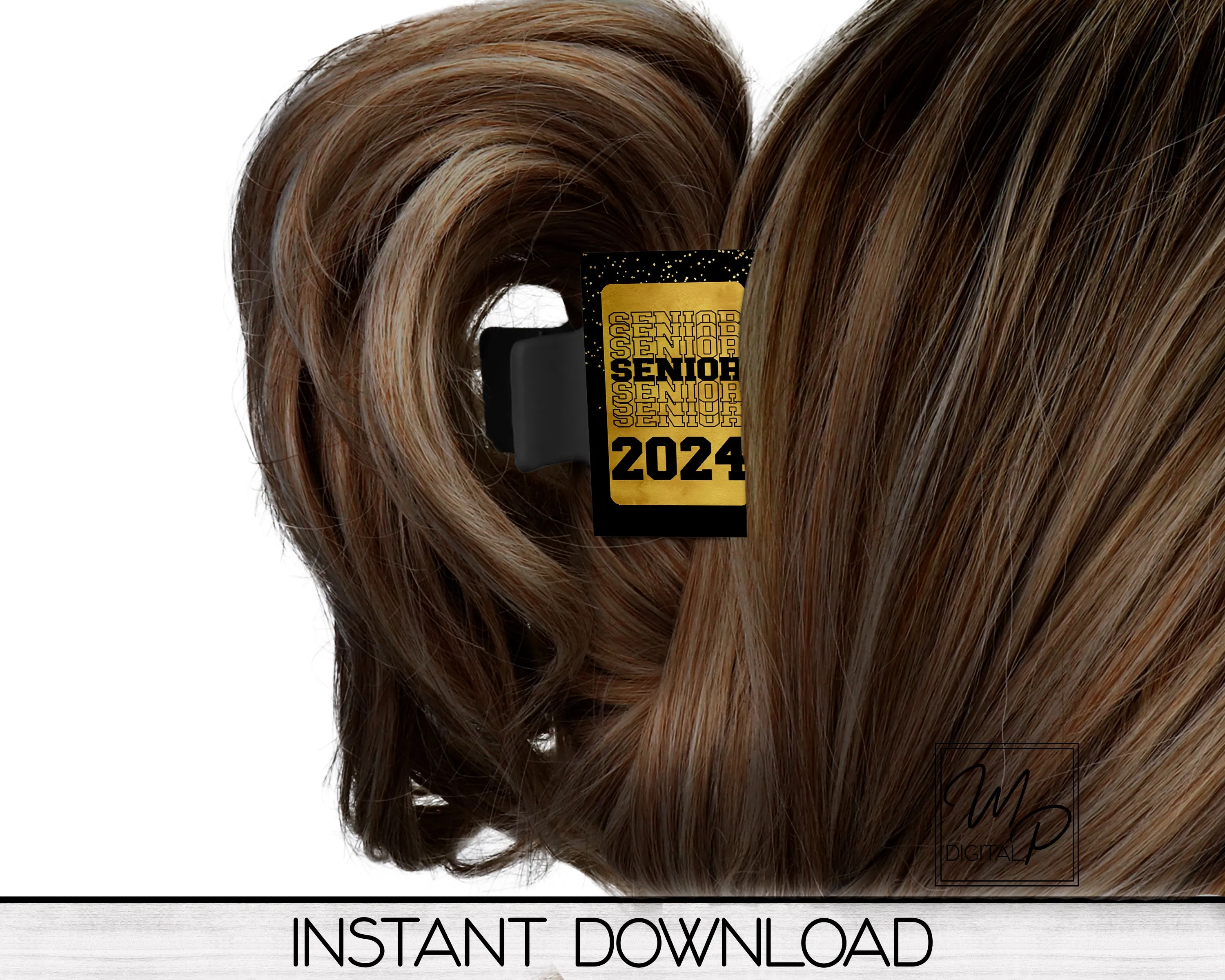 Gold and Black Senior 2024 Hair Clip PNG Sublimation Design, Digital Download