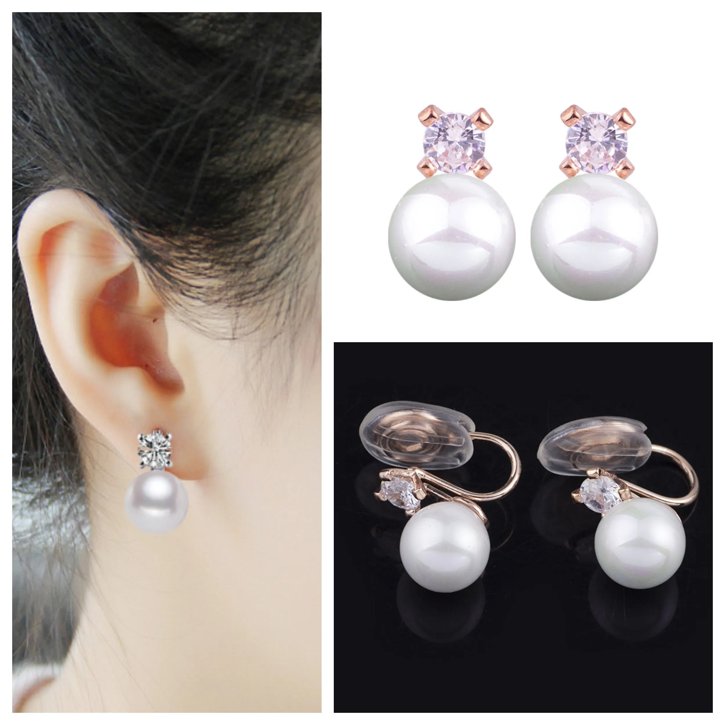 Gold Crystal Cubic Zirconia White Shell Pearl Bridal Wedding Clip Angle Adjustable Spiral Clip On Earrings