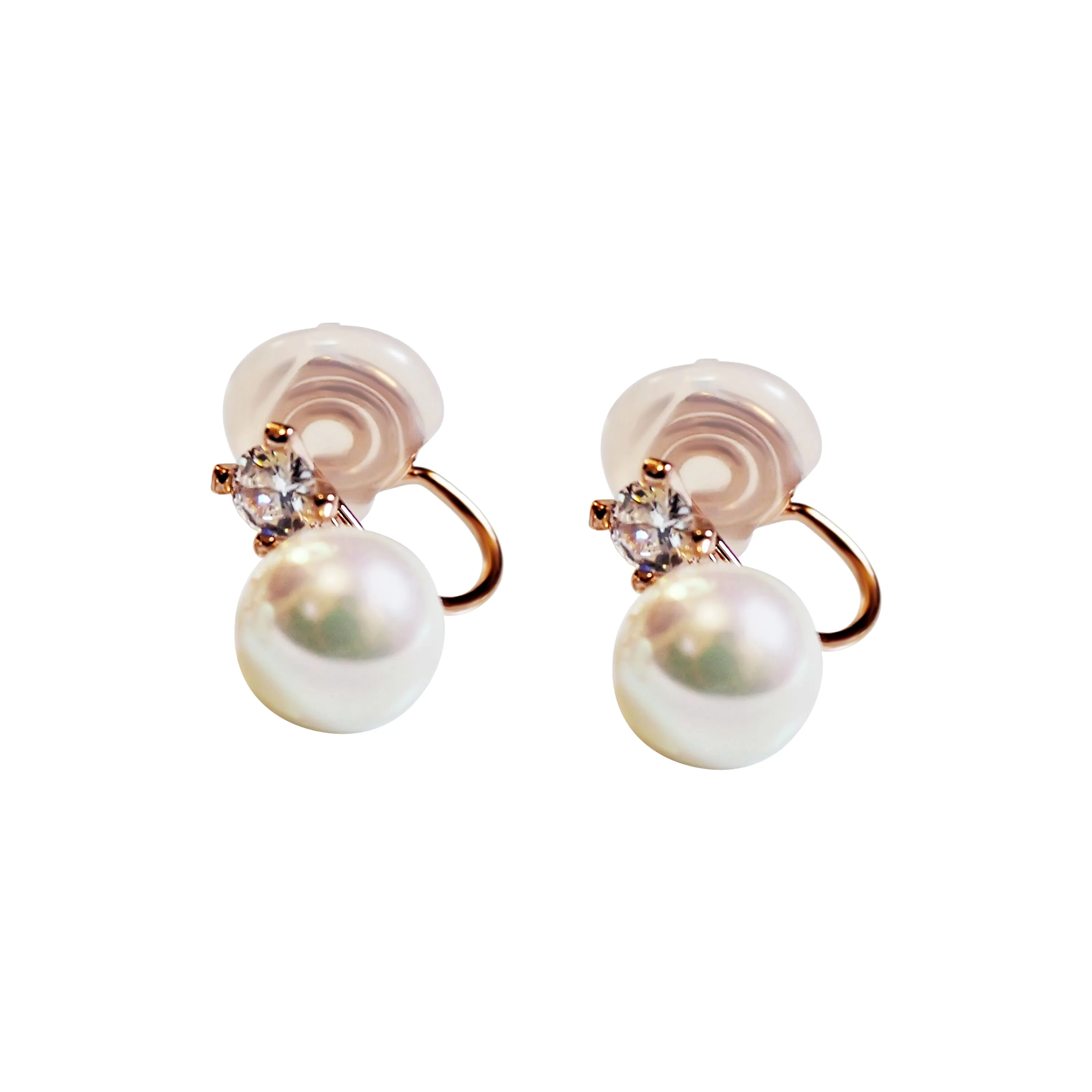 Gold Crystal Cubic Zirconia White Shell Pearl Bridal Wedding Clip Angle Adjustable Spiral Clip On Earrings