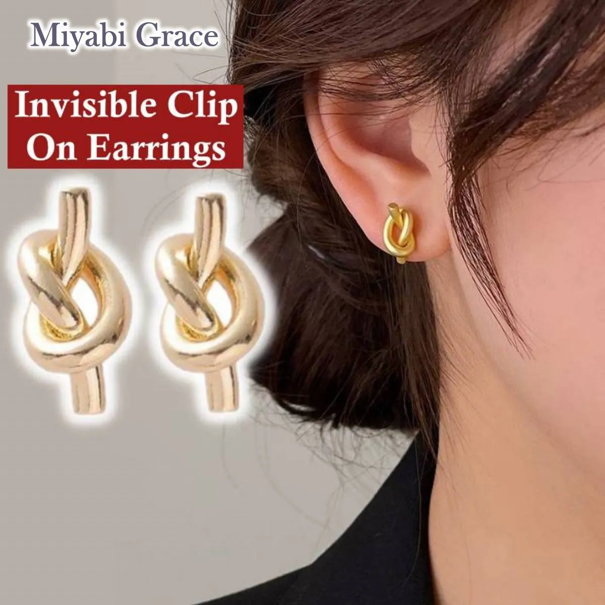 Gold knot Tie Small Invisible Clip On Stud Earrings