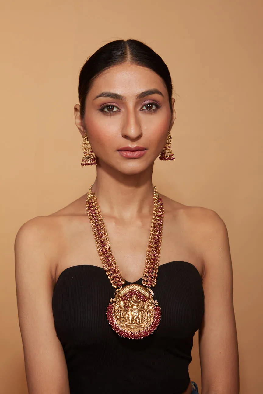 Gold Plated Red Temple Long Necklace & Jhumka Earring Set