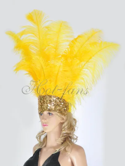 Gold yellow Showgirl Open Face Ostrich feather Headdress