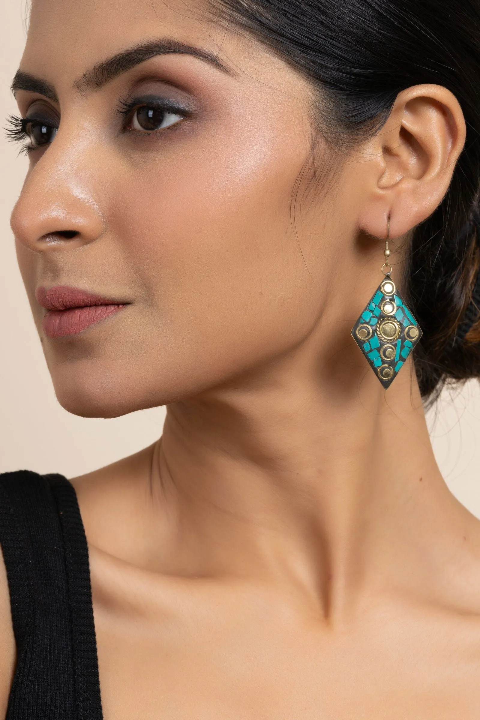 Golden Turquoise Black Tibetan Earrings with Intricate Design - Luxe Statement Jewelry